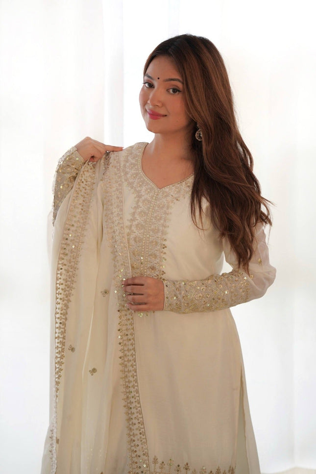 Pure Chinon Silk Embroidered Kurta Pant Set with Dupatta - Rosepetals Luxe