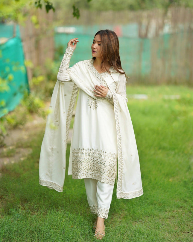 Pure Chinon Silk Embroidered Kurta Pant Set with Dupatta - Rosepetals Luxe