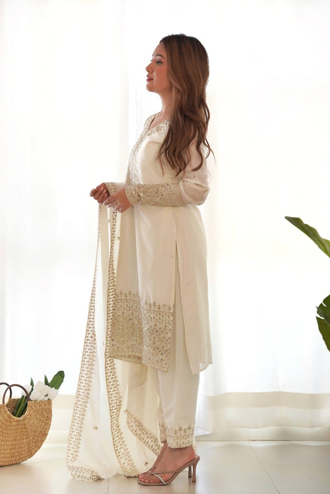 Pure Chinon Silk Embroidered Kurta Pant Set with Dupatta - Rosepetals Luxe