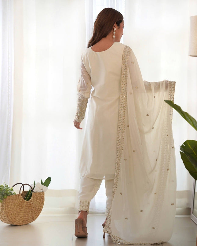 Pure Chinon Silk Embroidered Kurta Pant Set with Dupatta - Rosepetals Luxe
