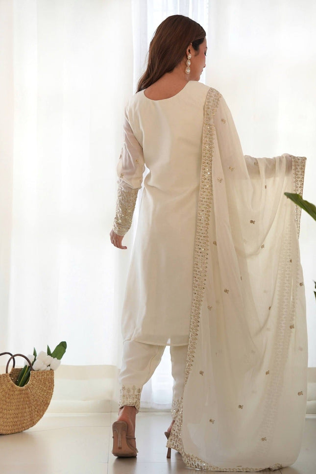 Pure Chinon Silk Embroidered Kurta Pant Set with Dupatta - Rosepetals Luxe
