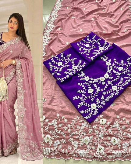 Pure Chinon Silk Saree | C-Pallu Embroidery & Cutwork Border | Wedding & Party Wear - Rosepetals Luxe
