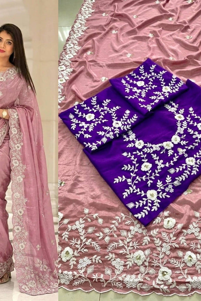 Pure Chinon Silk Saree | C-Pallu Embroidery & Cutwork Border | Wedding & Party Wear - Rosepetals Luxe