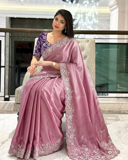 Pure Chinon Silk Saree | C-Pallu Embroidery & Cutwork Border | Wedding & Party Wear - Rosepetals Luxe