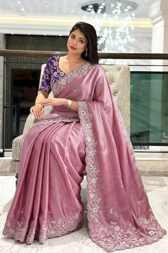 Pure Chinon Silk Saree | C-Pallu Embroidery & Cutwork Border | Wedding & Party Wear - Rosepetals Luxe