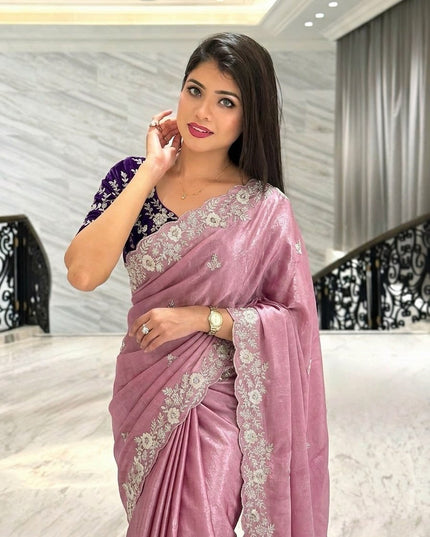 Pure Chinon Silk Saree | C-Pallu Embroidery & Cutwork Border | Wedding & Party Wear - Rosepetals Luxe