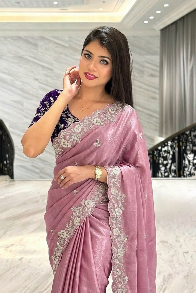 Pure Chinon Silk Saree | C-Pallu Embroidery & Cutwork Border | Wedding & Party Wear - Rosepetals Luxe