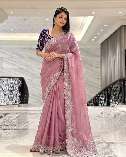 Pure Chinon Silk Saree | C-Pallu Embroidery & Cutwork Border | Wedding & Party Wear - Rosepetals Luxe