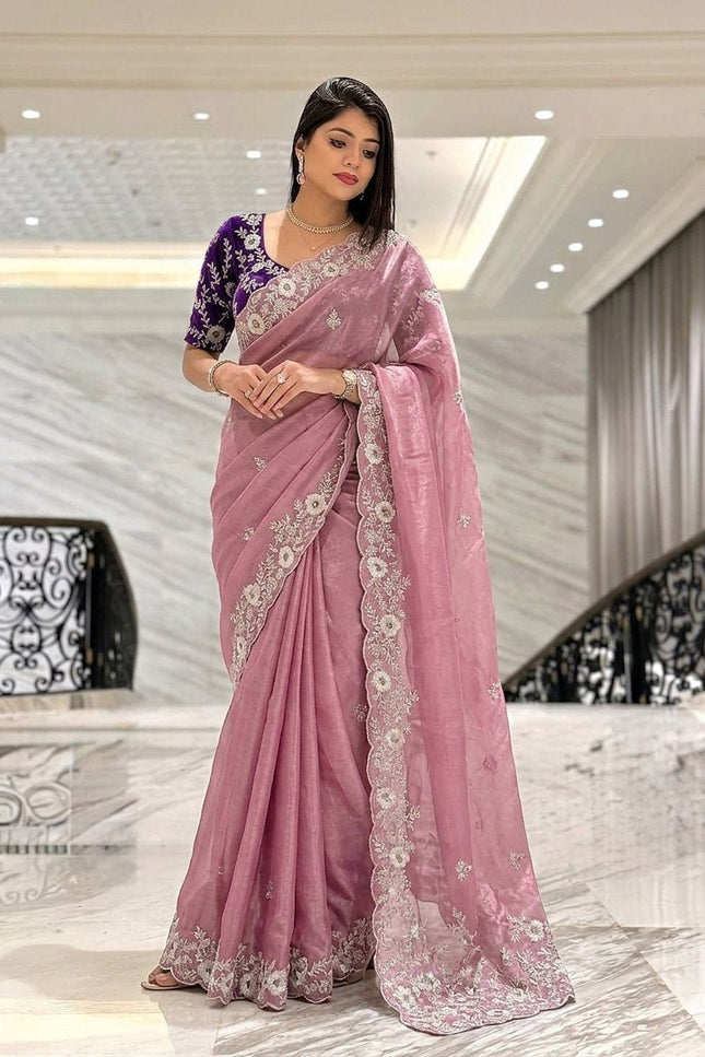 Pure Chinon Silk Saree | C-Pallu Embroidery & Cutwork Border | Wedding & Party Wear - Rosepetals Luxe