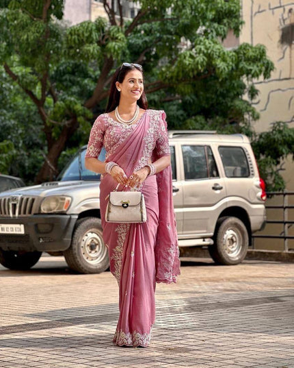 Pure Chinon Silk Saree with C - Pallu Embroidery & Cutwork Border | Heavy Embroidery Blouse - Rosepetals Luxe