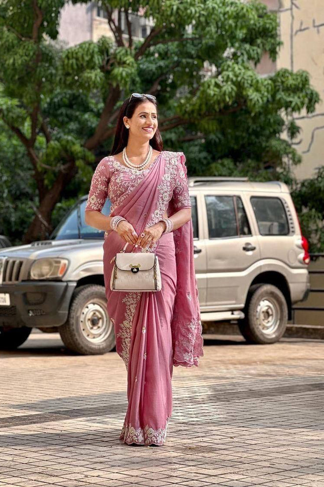 Pure Chinon Silk Saree with C - Pallu Embroidery & Cutwork Border | Heavy Embroidery Blouse - Rosepetals Luxe