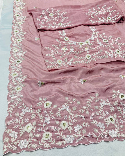 Pure Chinon Silk Saree with C - Pallu Embroidery & Cutwork Border | Heavy Embroidery Blouse - Rosepetals Luxe