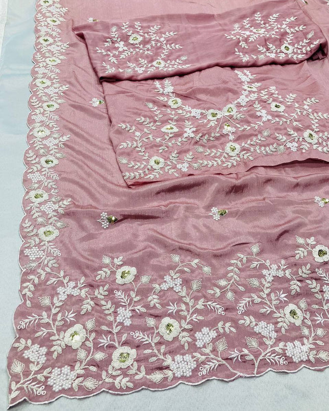 Pure Chinon Silk Saree with C - Pallu Embroidery & Cutwork Border | Heavy Embroidery Blouse - Rosepetals Luxe