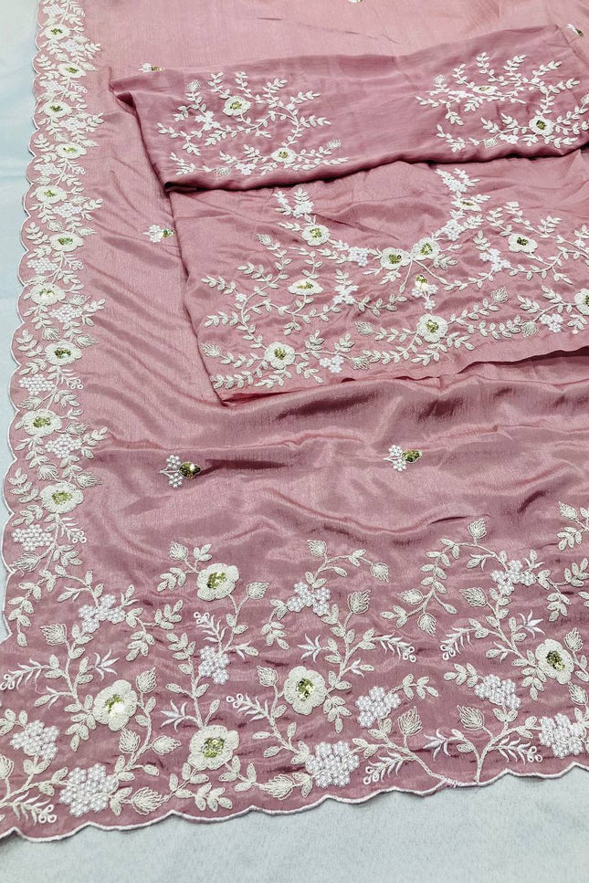 Pure Chinon Silk Saree with C - Pallu Embroidery & Cutwork Border | Heavy Embroidery Blouse - Rosepetals Luxe