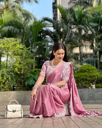 Pure Chinon Silk Saree with C - Pallu Embroidery & Cutwork Border | Heavy Embroidery Blouse - Rosepetals Luxe