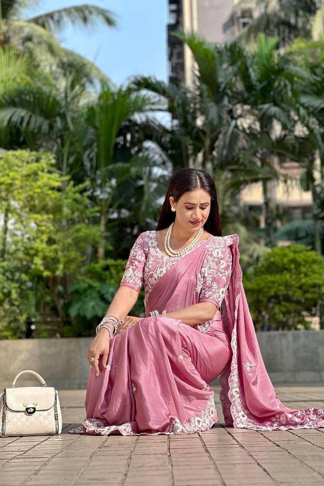 Pure Chinon Silk Saree with C - Pallu Embroidery & Cutwork Border | Heavy Embroidery Blouse - Rosepetals Luxe