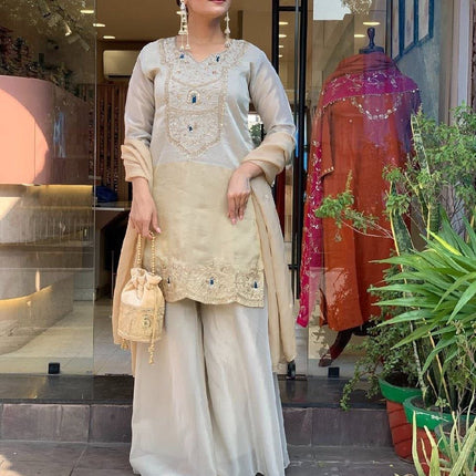 Pure Cosmos Palazzo Suit Set | Heavy Embroidery Two - Tone with Dupatta | Silver Grey - Rosepetals Luxe