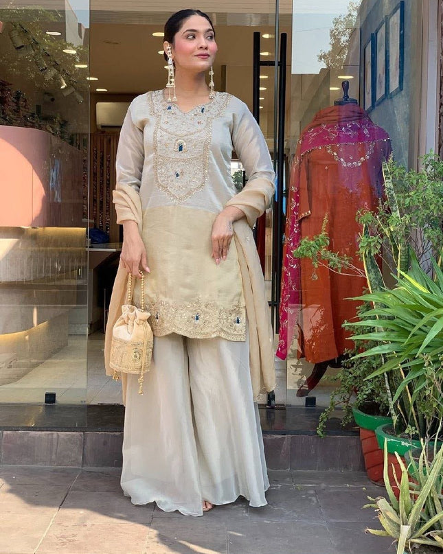Pure Cosmos Palazzo Suit Set | Heavy Embroidery Two - Tone with Dupatta | Silver Grey - Rosepetals Luxe
