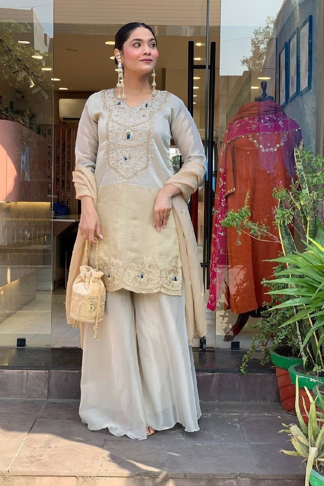 Pure Cosmos Palazzo Suit Set | Heavy Embroidery Two - Tone with Dupatta | Silver Grey - Rosepetals Luxe