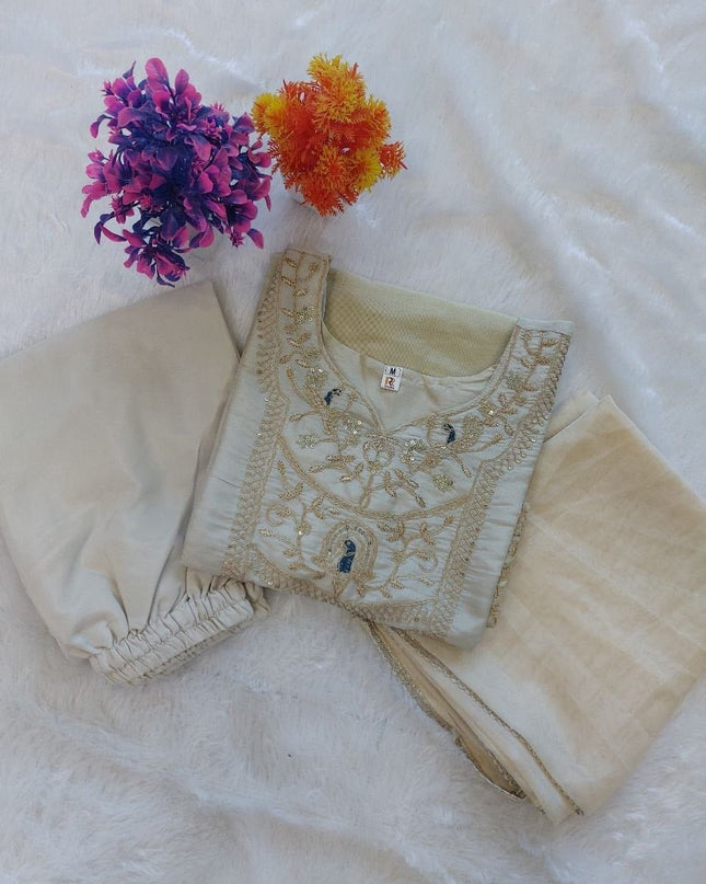 Pure Cosmos Palazzo Suit Set | Heavy Embroidery Two - Tone with Dupatta | Silver Grey - Rosepetals Luxe