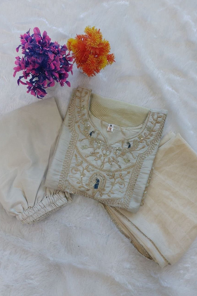 Pure Cosmos Palazzo Suit Set | Heavy Embroidery Two - Tone with Dupatta | Silver Grey - Rosepetals Luxe