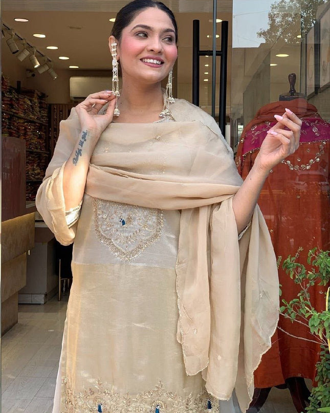 Pure Cosmos Palazzo Suit Set | Heavy Embroidery Two - Tone with Dupatta | Silver Grey - Rosepetals Luxe