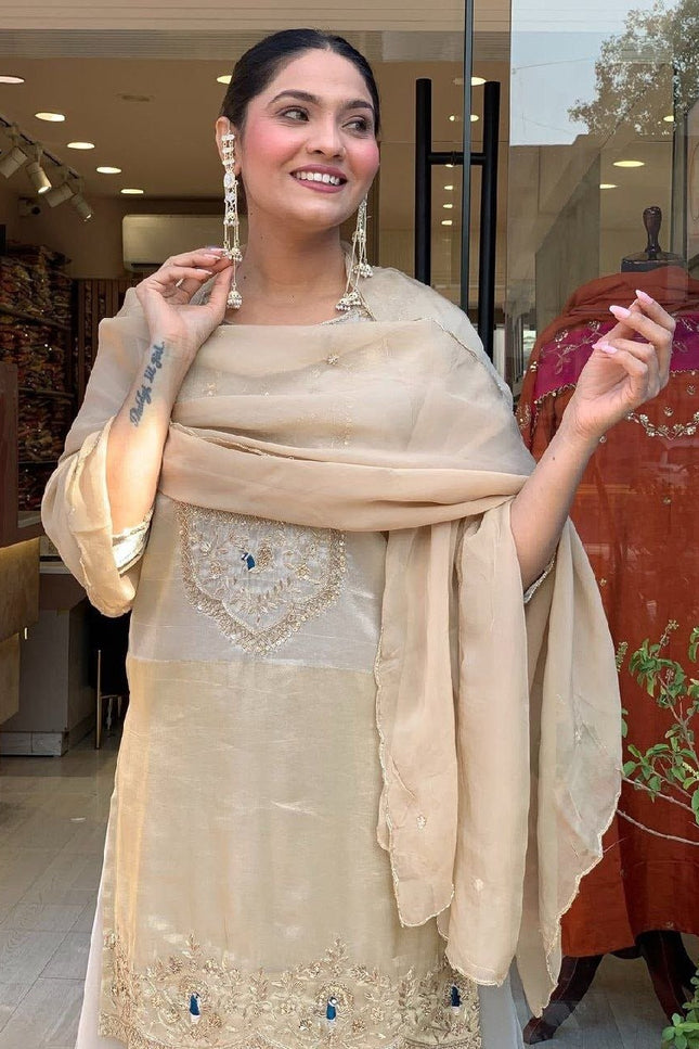 Pure Cosmos Palazzo Suit Set | Heavy Embroidery Two - Tone with Dupatta | Silver Grey - Rosepetals Luxe