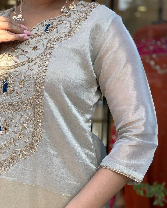 Pure Cosmos Palazzo Suit Set | Heavy Embroidery Two - Tone with Dupatta | Silver Grey - Rosepetals Luxe