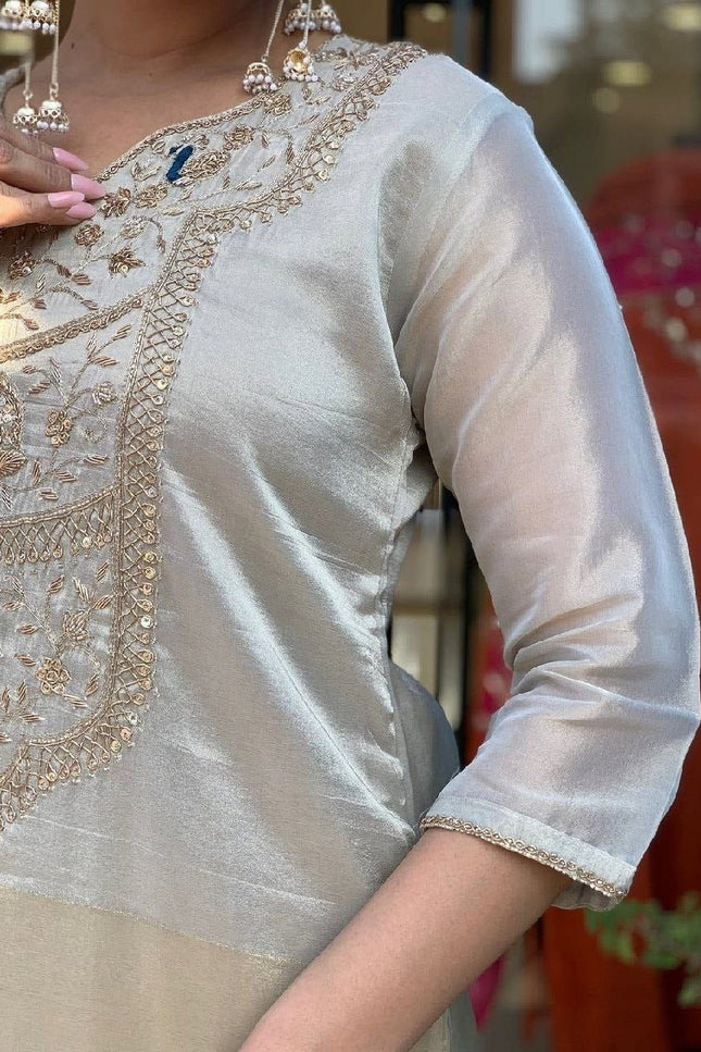 Pure Cosmos Palazzo Suit Set | Heavy Embroidery Two - Tone with Dupatta | Silver Grey - Rosepetals Luxe