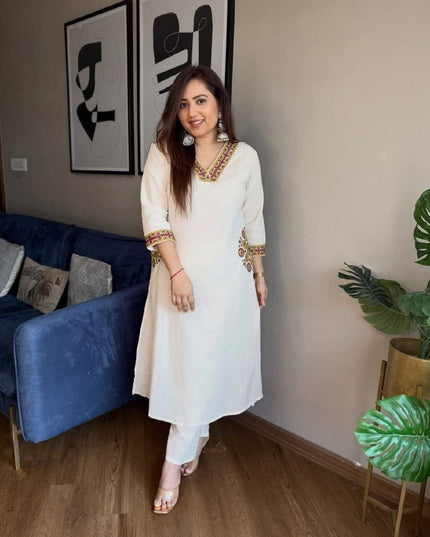 Pure Cotton A-Line Kurti & Pant Set | Heavy Embroidery | Full Lining & Pockets | Festive Ethnic Wear - Rosepetals Luxe
