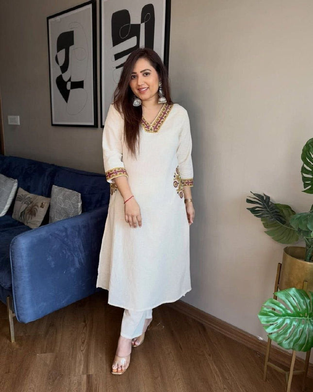 Pure Cotton A-Line Kurti & Pant Set | Heavy Embroidery | Full Lining & Pockets | Festive Ethnic Wear - Rosepetals Luxe