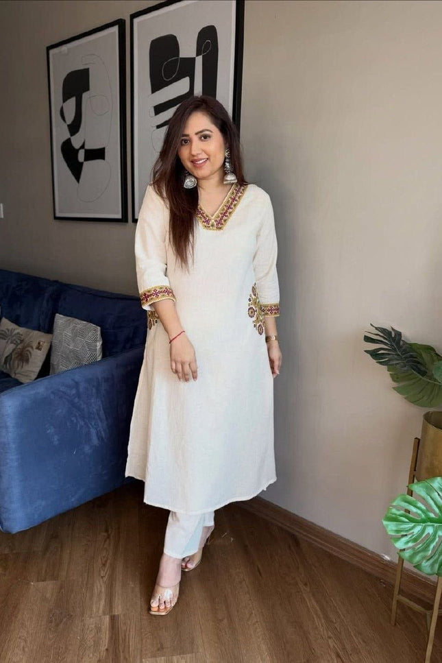 Pure Cotton A-Line Kurti & Pant Set | Heavy Embroidery | Full Lining & Pockets | Festive Ethnic Wear - Rosepetals Luxe