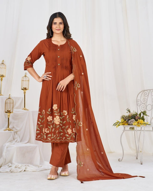 Pure Cotton Anarkali Kurti Set | 3-Piece with Culottes Pant & Dupatta | Festive Ethnic Wear - Rosepetals Luxe