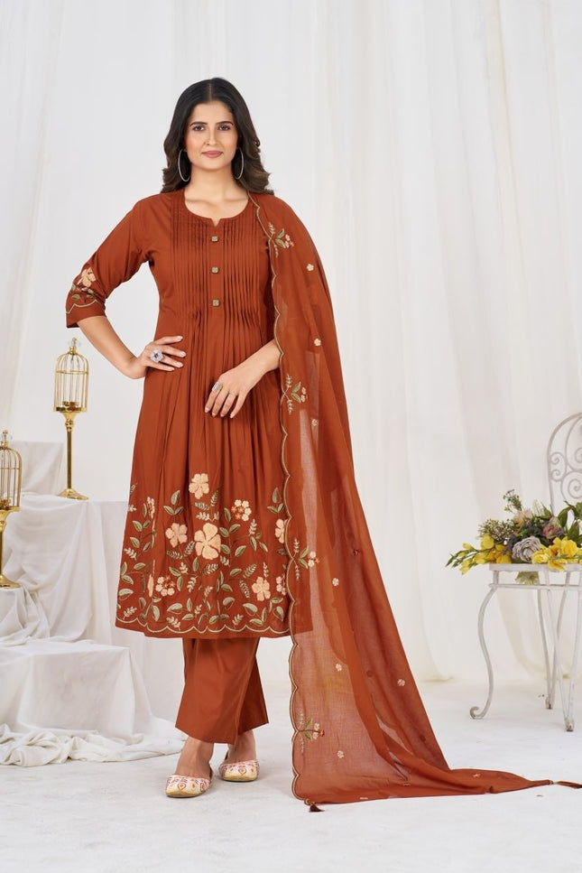 Pure Cotton Anarkali Kurti Set | 3-Piece with Culottes Pant & Dupatta | Festive Ethnic Wear - Rosepetals Luxe