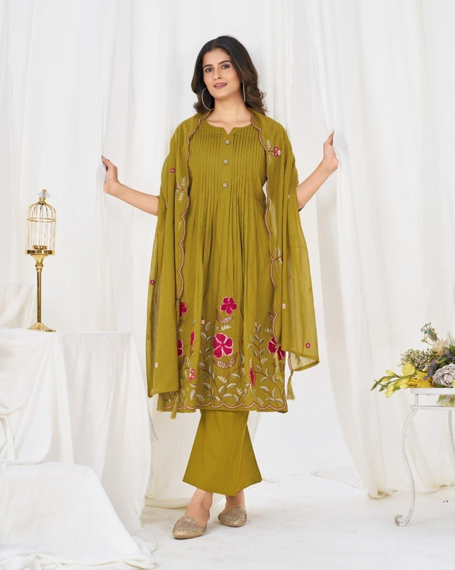 Pure Cotton Anarkali Kurti Set | 3-Piece with Culottes Pant & Dupatta | Festive Ethnic Wear - Rosepetals Luxe