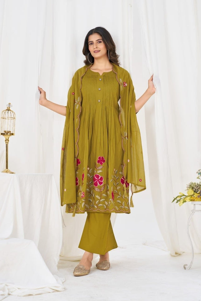 Pure Cotton Anarkali Kurti Set | 3-Piece with Culottes Pant & Dupatta | Festive Ethnic Wear - Rosepetals Luxe