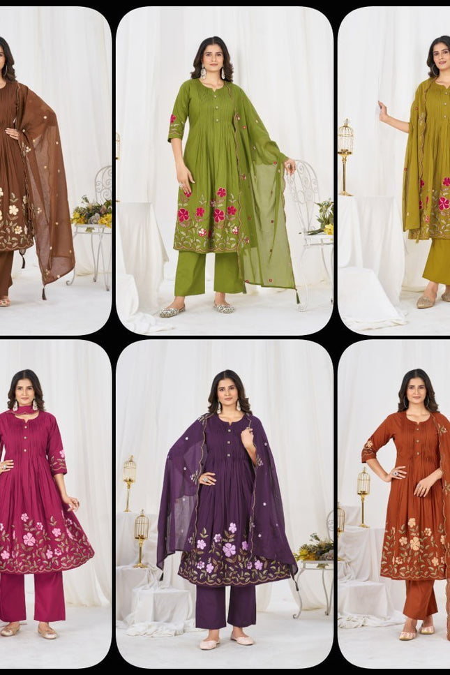Pure Cotton Anarkali Kurti Set | 3-Piece with Culottes Pant & Dupatta | Festive Ethnic Wear - Rosepetals Luxe