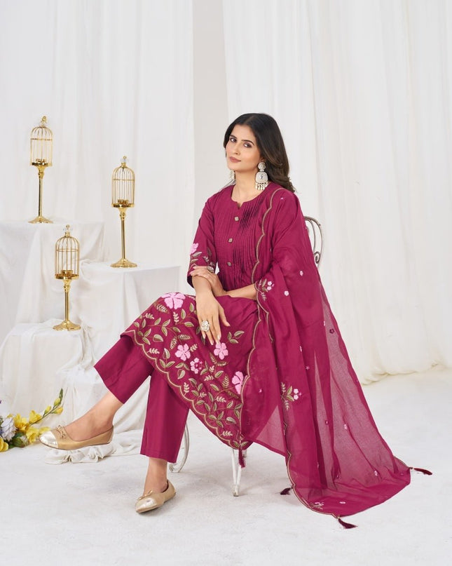 Pure Cotton Anarkali Kurti Set | 3-Piece with Culottes Pant & Dupatta | Festive Ethnic Wear - Rosepetals Luxe