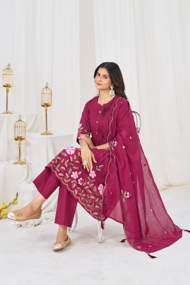 Pure Cotton Anarkali Kurti Set | 3-Piece with Culottes Pant & Dupatta | Festive Ethnic Wear - Rosepetals Luxe