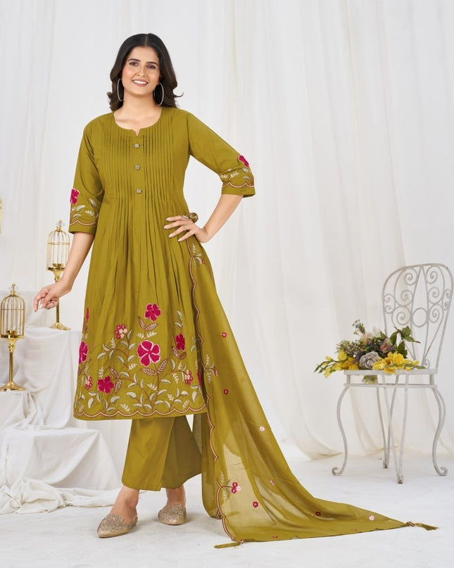 Pure Cotton Anarkali Kurti Set | 3-Piece with Culottes Pant & Dupatta | Festive Ethnic Wear - Rosepetals Luxe
