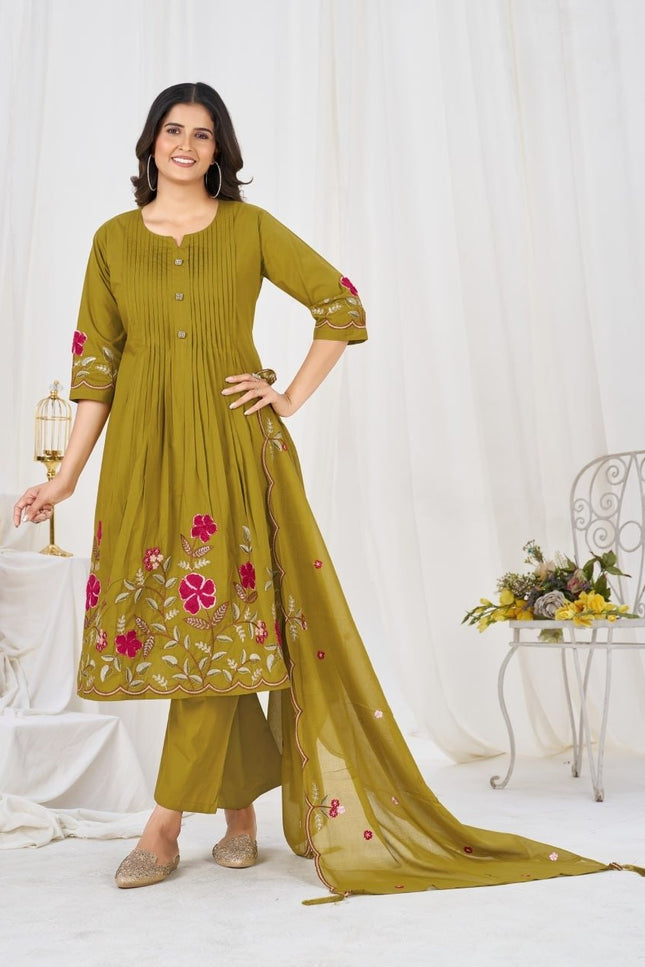 Pure Cotton Anarkali Kurti Set | 3-Piece with Culottes Pant & Dupatta | Festive Ethnic Wear - Rosepetals Luxe