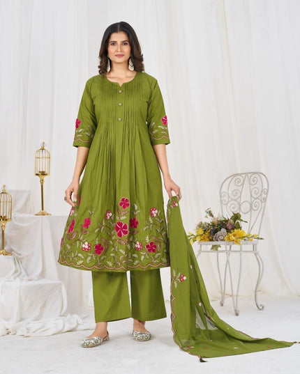 Pure Cotton Anarkali Kurti Set | 3-Piece with Culottes Pant & Dupatta | Festive Ethnic Wear - Rosepetals Luxe