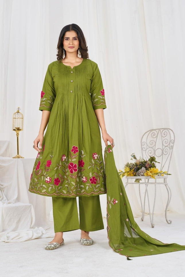 Pure Cotton Anarkali Kurti Set | 3-Piece with Culottes Pant & Dupatta | Festive Ethnic Wear - Rosepetals Luxe