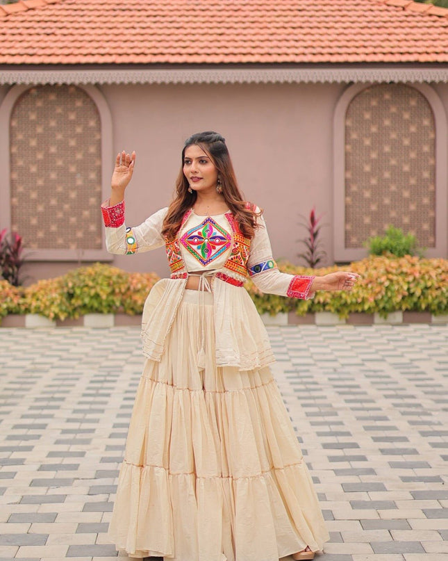 Pure Cotton Gamthi Work Lehenga Choli with Koti | 9 Mtr Flare | Fully Stitched - Rosepetals Luxe