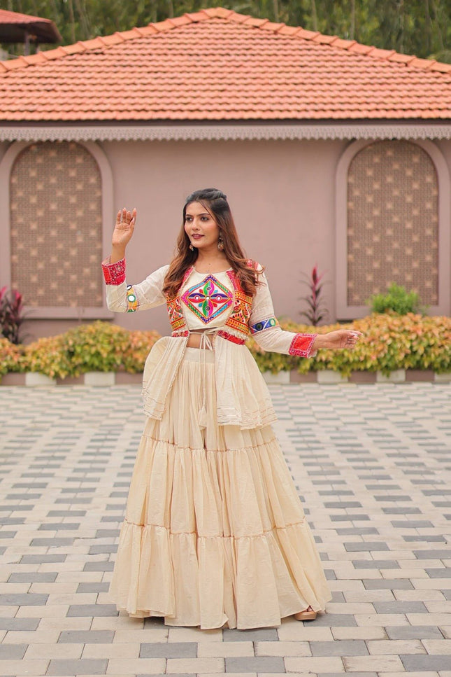 Pure Cotton Gamthi Work Lehenga Choli with Koti | 9 Mtr Flare | Fully Stitched - Rosepetals Luxe