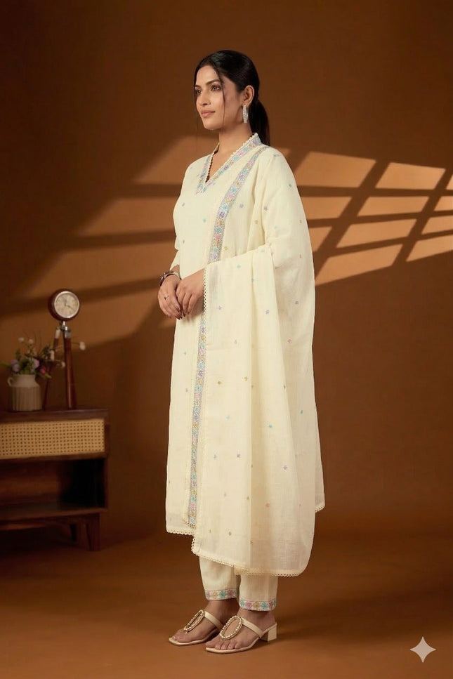Pure Cotton Kurti Set with Embroidered Dupatta - Rosepetals Luxe