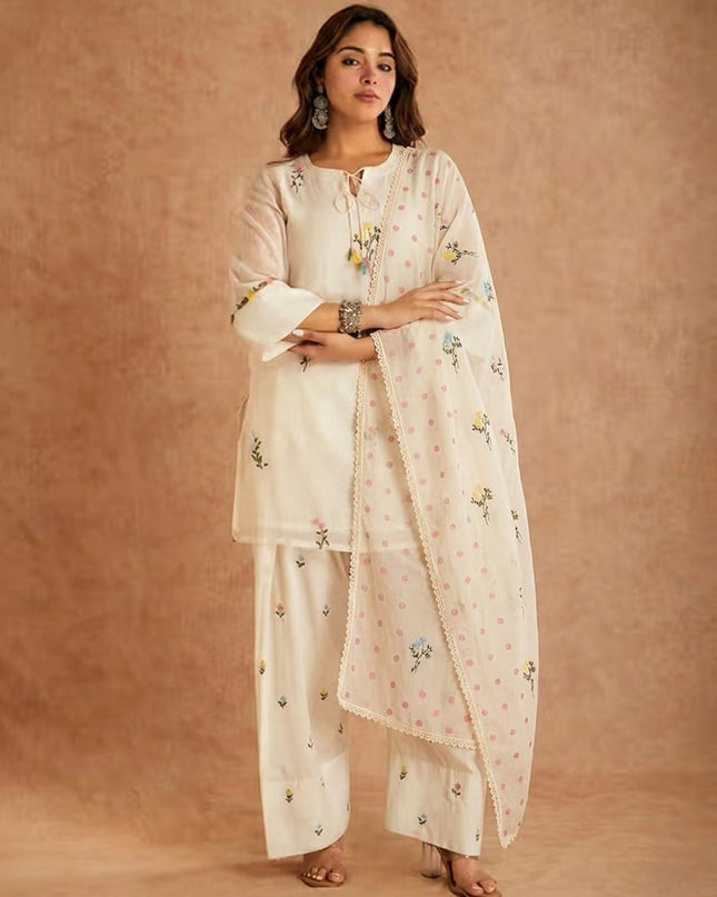 Pure Cotton Silk Designer Party Wear Look Top With Farshi Salwar Dupatta Set | Needle Work Embroidery Work - Rosepetals Luxe