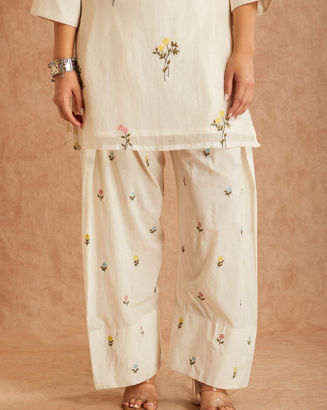 Pure Cotton Silk Designer Party Wear Look Top With Farshi Salwar Dupatta Set | Needle Work Embroidery Work - Rosepetals Luxe