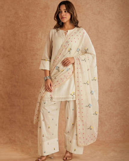 Pure Cotton Silk Designer Party Wear Look Top With Farshi Salwar Dupatta Set | Needle Work Embroidery Work - Rosepetals Luxe