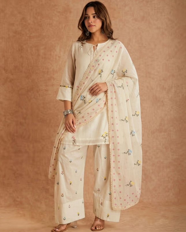 Pure Cotton Silk Designer Party Wear Look Top With Farshi Salwar Dupatta Set | Needle Work Embroidery Work - Rosepetals Luxe